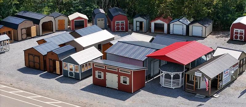 overhead view of our sales lot of portable buildings and structures in Sevierville, TN